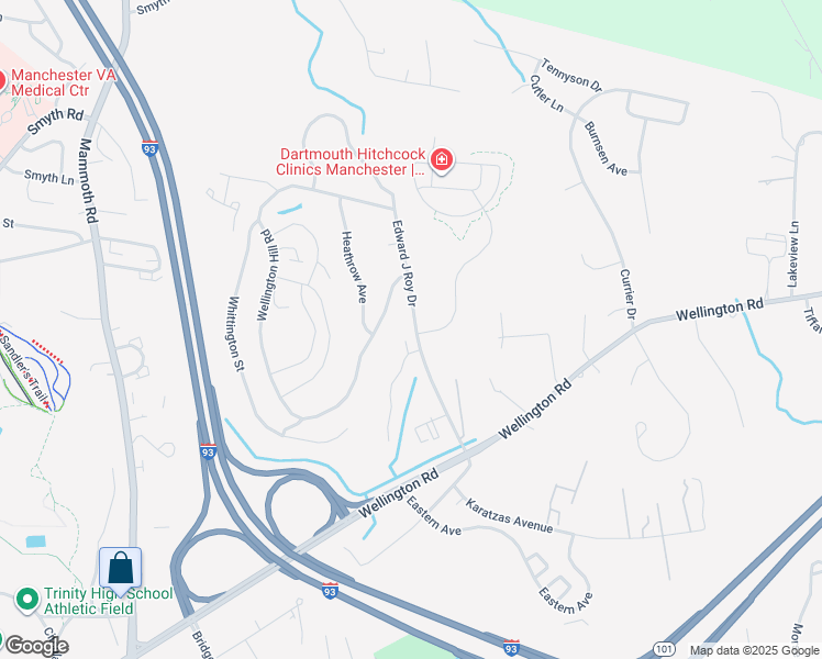 map of restaurants, bars, coffee shops, grocery stores, and more near 265 Edward J Roy Drive in Manchester
