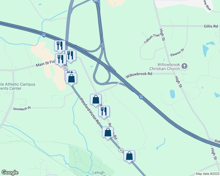 map of restaurants, bars, coffee shops, grocery stores, and more near 7401 Willowbrook Road in Victor