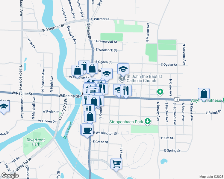 map of restaurants, bars, coffee shops, grocery stores, and more near 232 East Church Street in Jefferson
