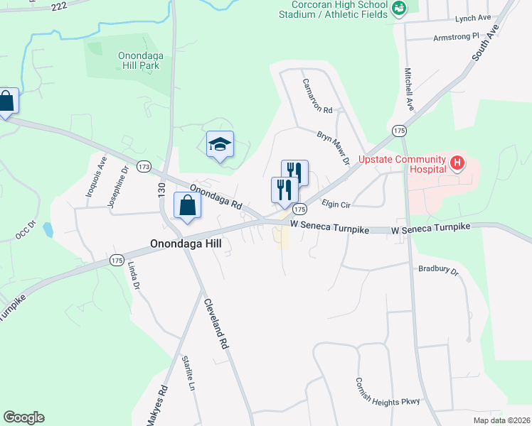 map of restaurants, bars, coffee shops, grocery stores, and more near 4842 Onondaga Road in Syracuse