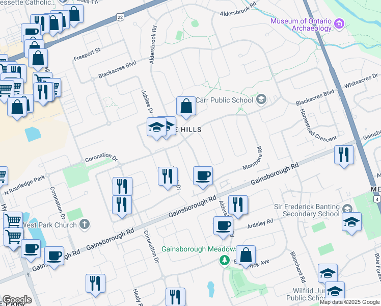 map of restaurants, bars, coffee shops, grocery stores, and more near 1575 Aldersbrook Road in London