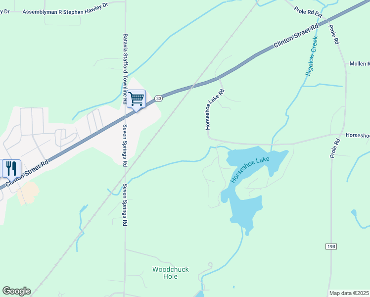 map of restaurants, bars, coffee shops, grocery stores, and more near 5378 Horseshoe Lake Road in Batavia