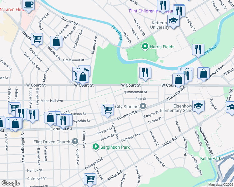 map of restaurants, bars, coffee shops, grocery stores, and more near 911 Farnum Avenue in Flint