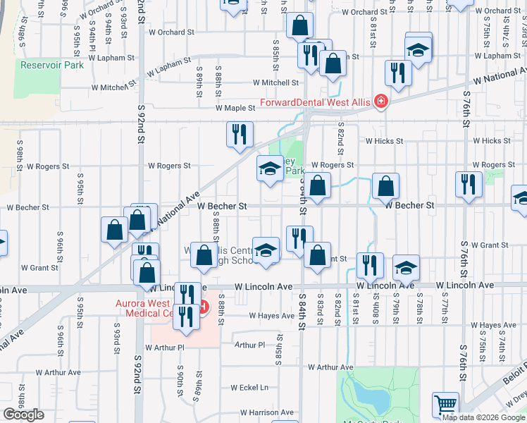 map of restaurants, bars, coffee shops, grocery stores, and more near 8604 West Becher Street in West Allis