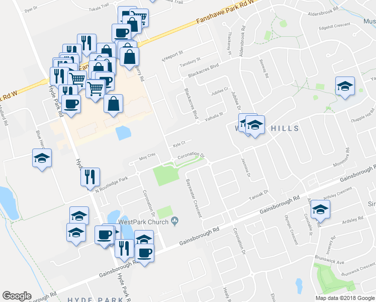 map of restaurants, bars, coffee shops, grocery stores, and more near 1876 Coronation Drive in London
