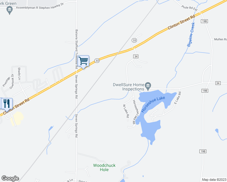 map of restaurants, bars, coffee shops, grocery stores, and more near 5378 Horseshoe Lake Road in Batavia