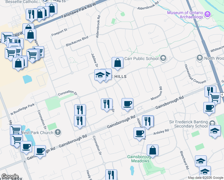 map of restaurants, bars, coffee shops, grocery stores, and more near 7 Ranchwood Crescent in London