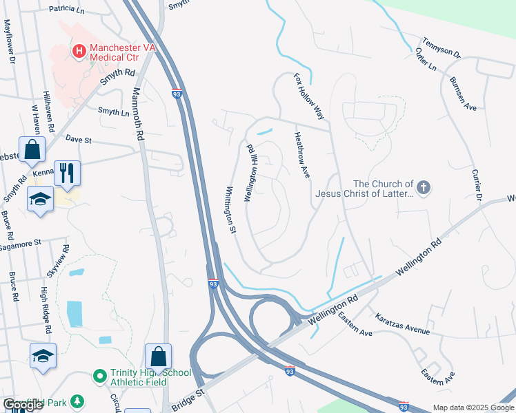map of restaurants, bars, coffee shops, grocery stores, and more near 501 Wellington Hill Road in Manchester