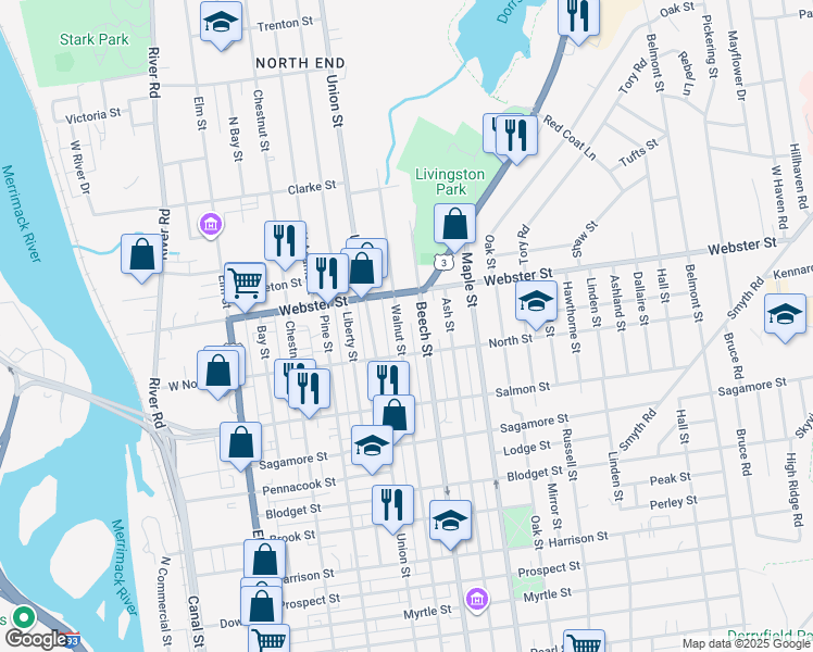 map of restaurants, bars, coffee shops, grocery stores, and more near 369 Walnut Street in Manchester
