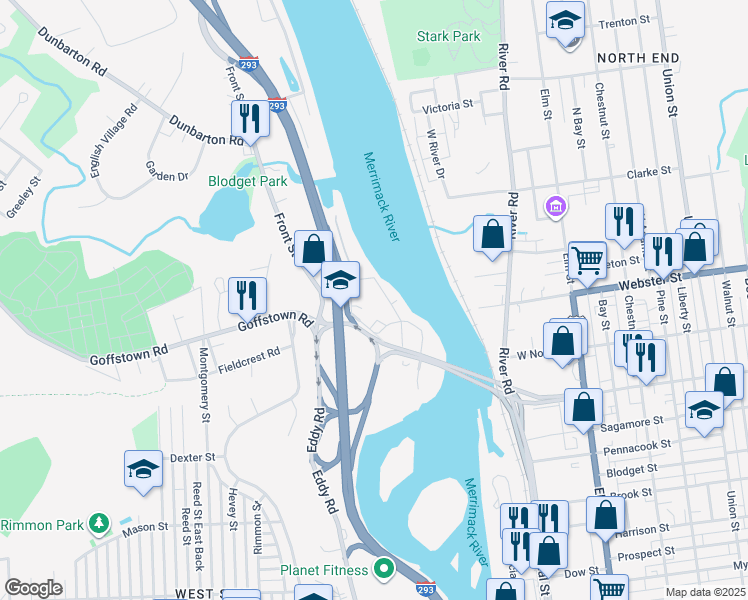 map of restaurants, bars, coffee shops, grocery stores, and more near 2 Riverfront Drive in Manchester