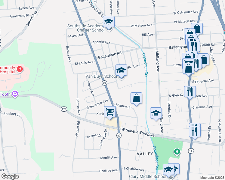 map of restaurants, bars, coffee shops, grocery stores, and more near 420 Loomis Avenue in Syracuse