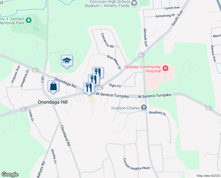 map of restaurants, bars, coffee shops, grocery stores, and more near 4939 Elgin Circle in Syracuse