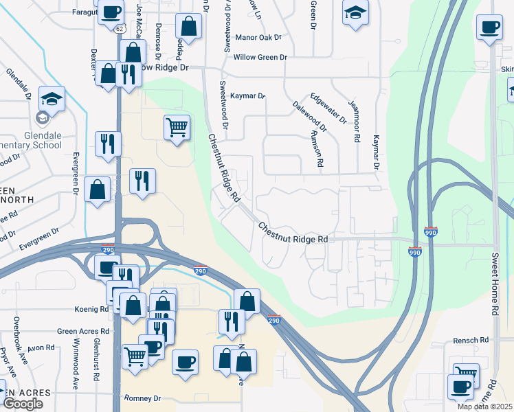 map of restaurants, bars, coffee shops, grocery stores, and more near 2920 Deer Lakes Drive in Buffalo