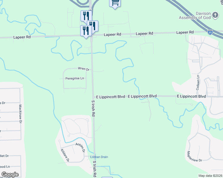 map of restaurants, bars, coffee shops, grocery stores, and more near 1465 South Irish Road in Davison