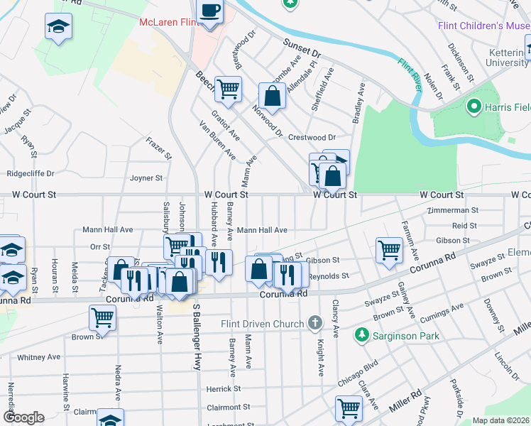 map of restaurants, bars, coffee shops, grocery stores, and more near 912 Knapp Avenue in Flint