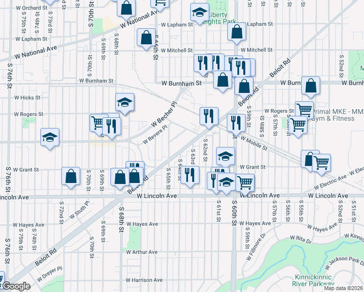 map of restaurants, bars, coffee shops, grocery stores, and more near 6300 Beloit Road in West Allis