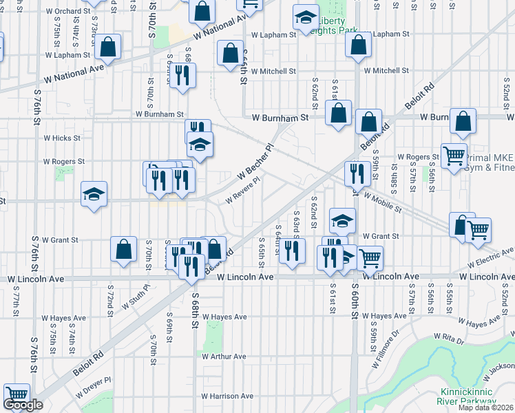 map of restaurants, bars, coffee shops, grocery stores, and more near 6424 West Oconto Place in West Allis
