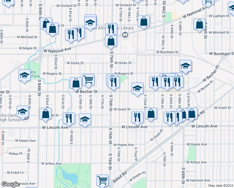 map of restaurants, bars, coffee shops, grocery stores, and more near 7502 West Becher Street in West Allis