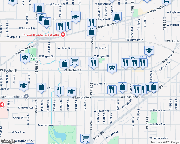 map of restaurants, bars, coffee shops, grocery stores, and more near 2076 South 77th Street in West Allis