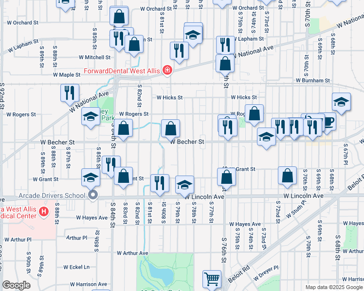 map of restaurants, bars, coffee shops, grocery stores, and more near 7828 West Becher Street in West Allis
