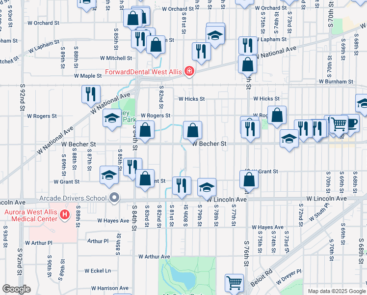 map of restaurants, bars, coffee shops, grocery stores, and more near 7930 West Becher Street in West Allis