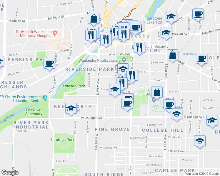 map of restaurants, bars, coffee shops, grocery stores, and more near 320 Maple Avenue in Waukesha