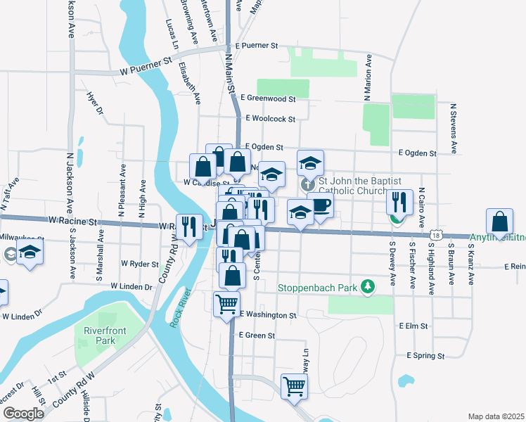 map of restaurants, bars, coffee shops, grocery stores, and more near 135 North Center Avenue in Jefferson