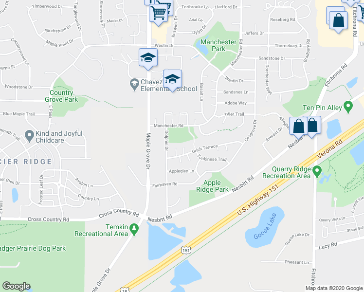 map of restaurants, bars, coffee shops, grocery stores, and more near 6526 Urich Terrace in Madison