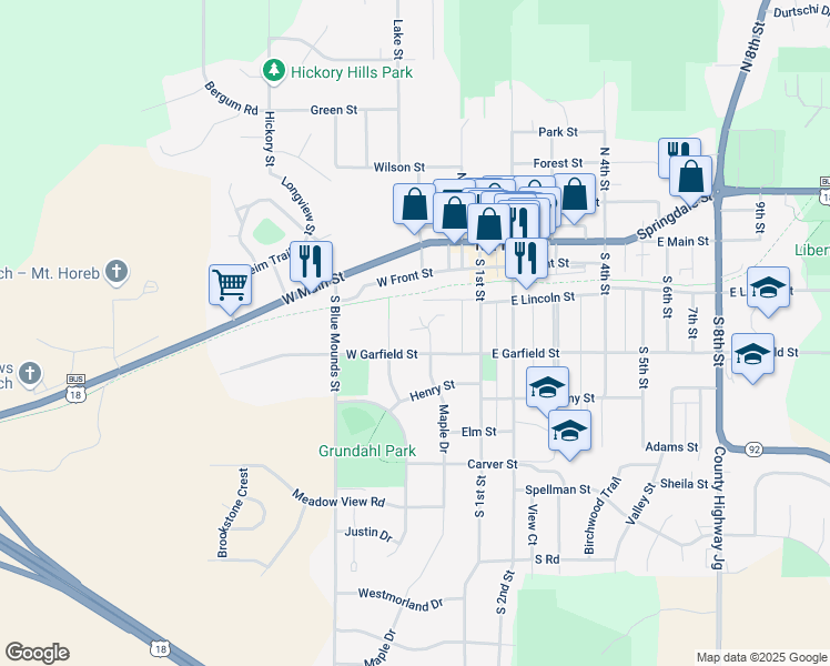 map of restaurants, bars, coffee shops, grocery stores, and more near 120 Maple Court in Mount Horeb