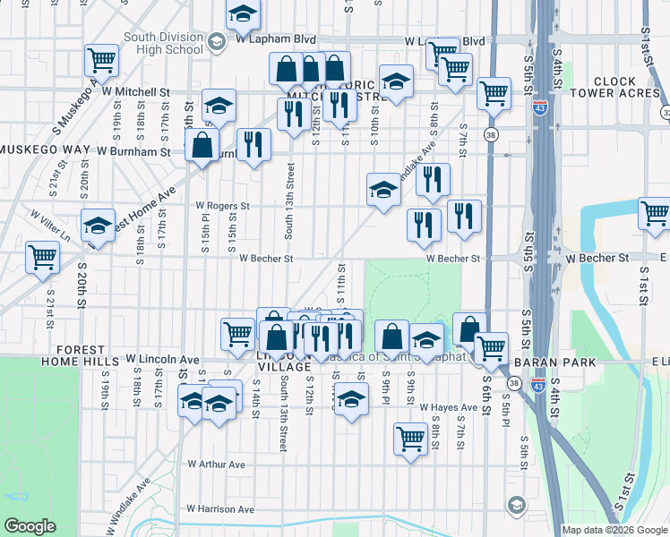 map of restaurants, bars, coffee shops, grocery stores, and more near 1024 West Becher Street in Milwaukee