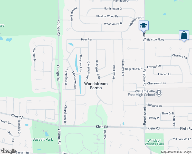 map of restaurants, bars, coffee shops, grocery stores, and more near 100 Rollingwood Street in Buffalo
