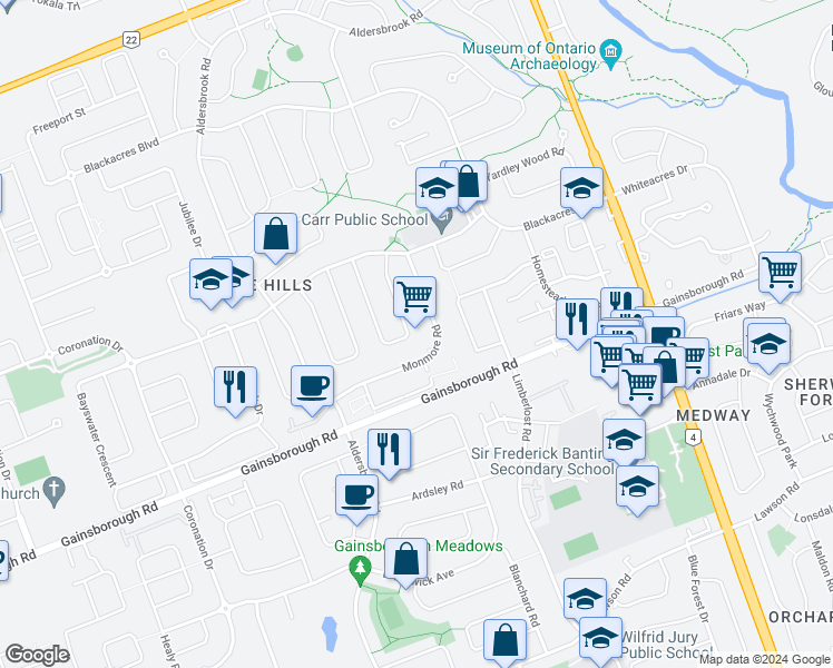 map of restaurants, bars, coffee shops, grocery stores, and more near 54 Cottonwood Crescent in London