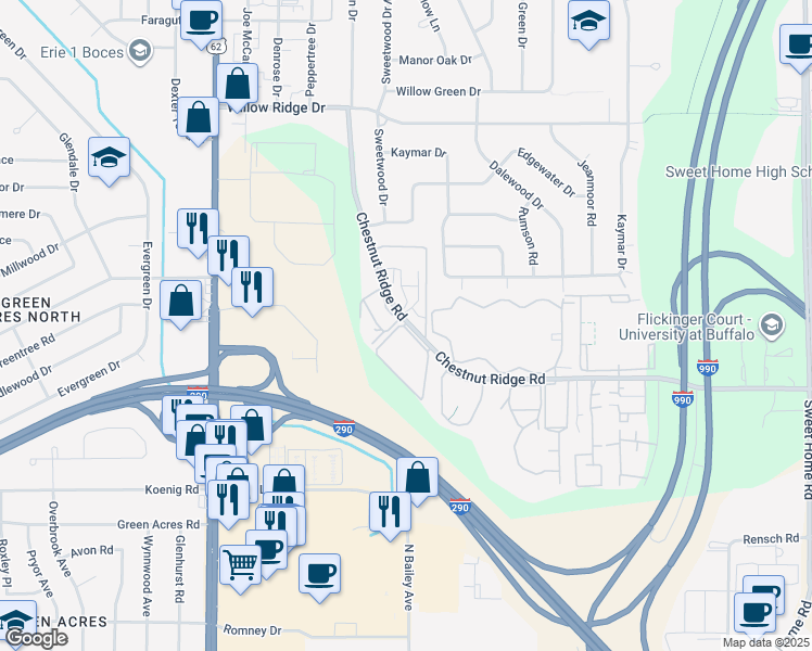 map of restaurants, bars, coffee shops, grocery stores, and more near 4291 Chestnut Ridge Road in Buffalo