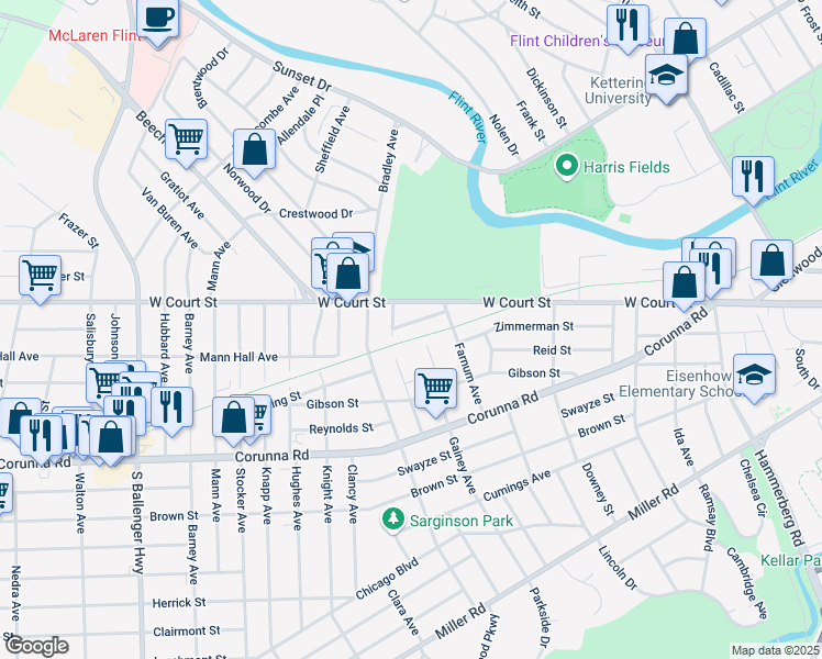 map of restaurants, bars, coffee shops, grocery stores, and more near 2605 Lester Street in Flint