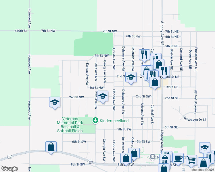 map of restaurants, bars, coffee shops, grocery stores, and more near 100-198 Florida Northwest in Orange City