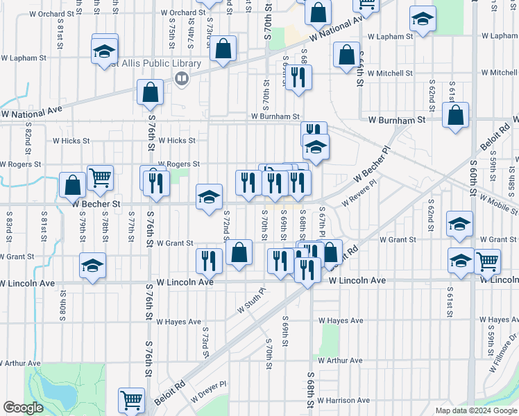 map of restaurants, bars, coffee shops, grocery stores, and more near 7007 West Becher Street in West Allis