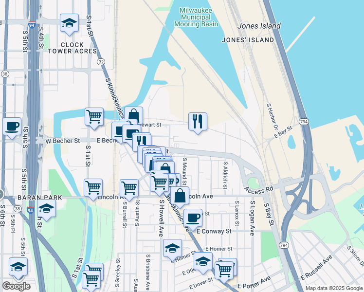 map of restaurants, bars, coffee shops, grocery stores, and more near 432 E Bay St in Milwaukee