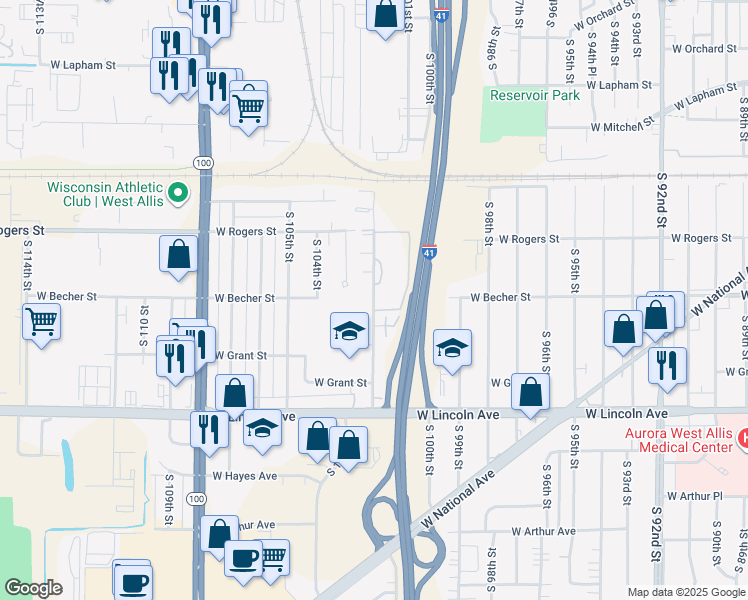 map of restaurants, bars, coffee shops, grocery stores, and more near 2092 South 102nd Street in West Allis