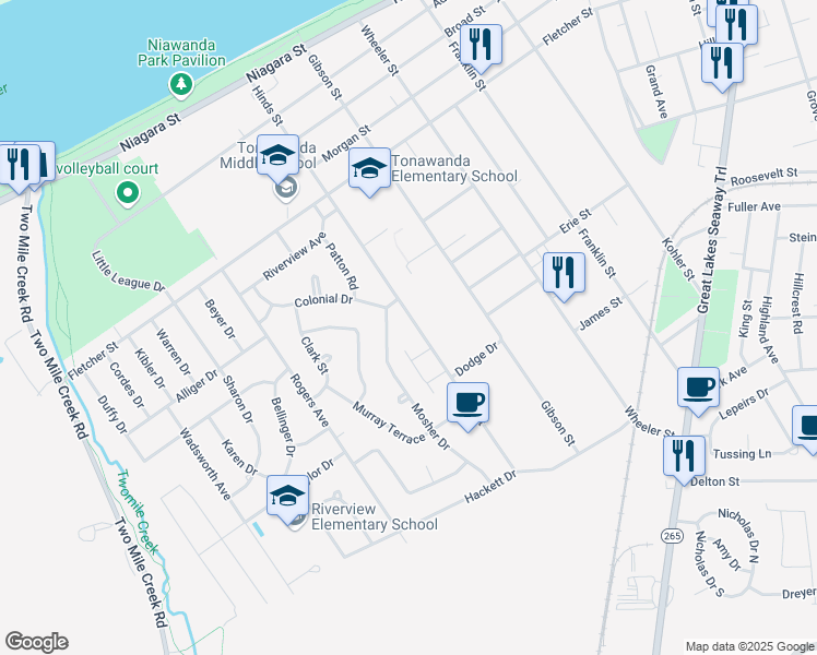 map of restaurants, bars, coffee shops, grocery stores, and more near 268 Hinds Street in Tonawanda