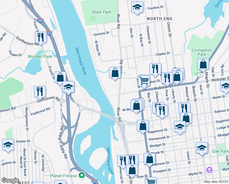 map of restaurants, bars, coffee shops, grocery stores, and more near 34 Andrew Street in Manchester
