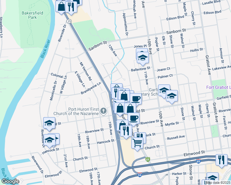 map of restaurants, bars, coffee shops, grocery stores, and more near 2920 Pine Grove Avenue in Port Huron