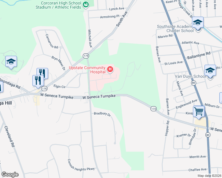 map of restaurants, bars, coffee shops, grocery stores, and more near 5075 West Seneca Turnpike in Syracuse