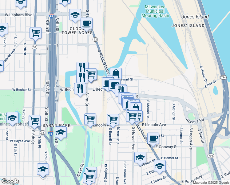 map of restaurants, bars, coffee shops, grocery stores, and more near in Milwaukee