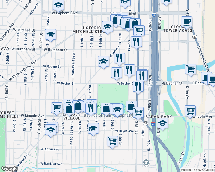 map of restaurants, bars, coffee shops, grocery stores, and more near 921 West Becher Street in Milwaukee