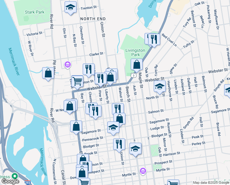 map of restaurants, bars, coffee shops, grocery stores, and more near 908 Union Street in Manchester
