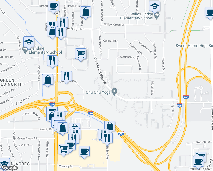 map of restaurants, bars, coffee shops, grocery stores, and more near 4291 Chestnut Ridge Road in Buffalo