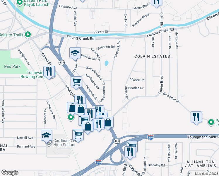 map of restaurants, bars, coffee shops, grocery stores, and more near 13 Westbourne Drive in Tonawanda