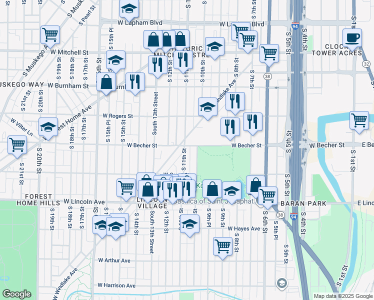 map of restaurants, bars, coffee shops, grocery stores, and more near 1024 West Becher Street in Milwaukee