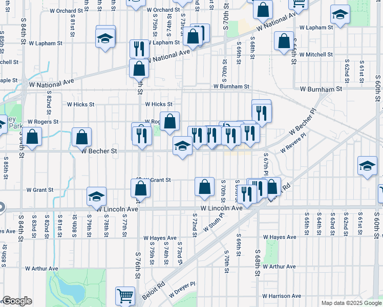 map of restaurants, bars, coffee shops, grocery stores, and more near 7234 West Becher Street in West Allis