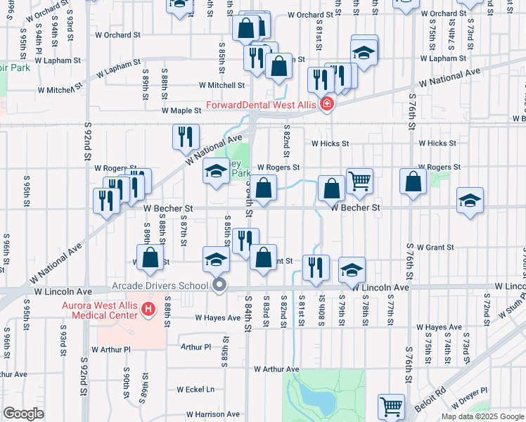 map of restaurants, bars, coffee shops, grocery stores, and more near 8330 West Becher Street in West Allis